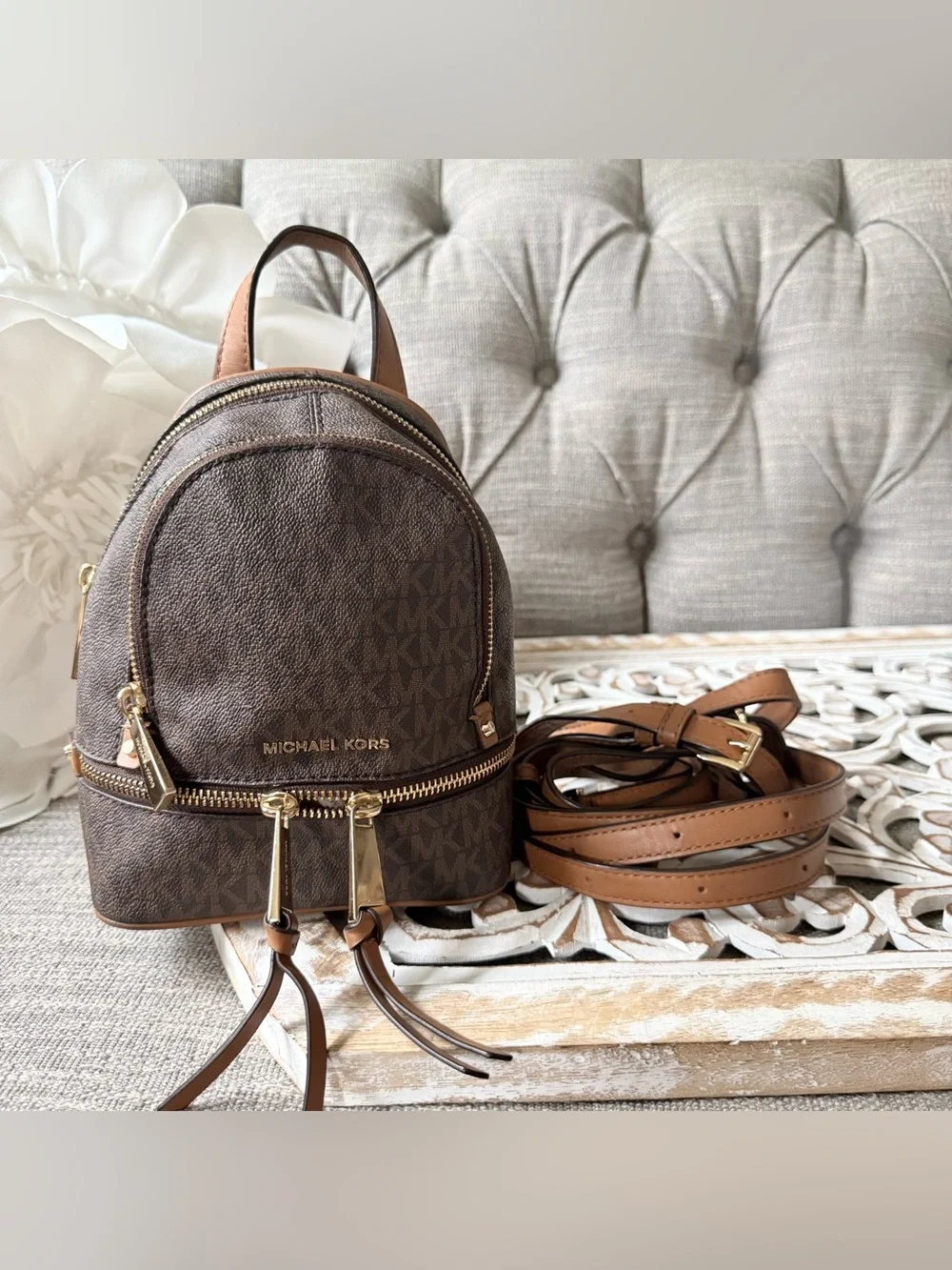 Michael Kors Brown Logo Mini Backpack with Tan Trim